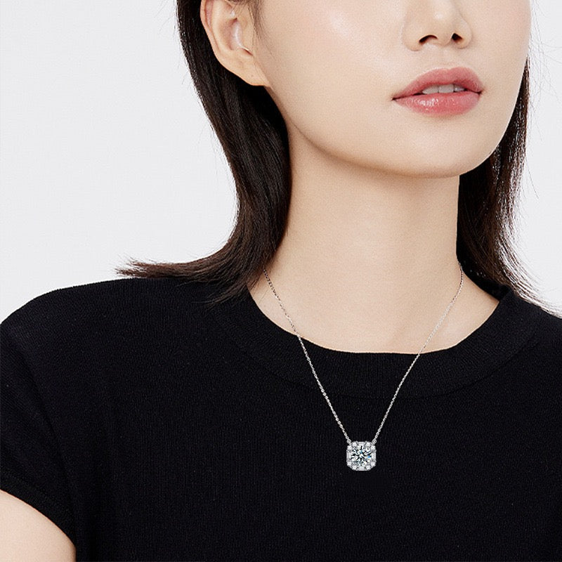 3CT Halo Moissanite Necklace - 925 Sterling Silver