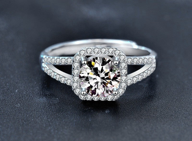 1CT Halo Adjustable Moissanite Ring - 925 Sterling Silver