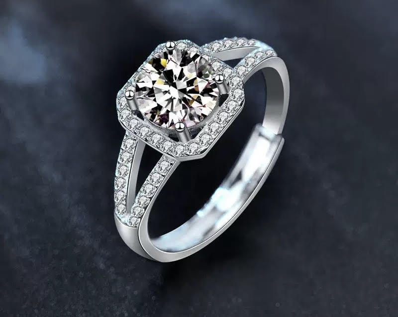1CT Halo Adjustable Moissanite Ring - 925 Sterling Silver